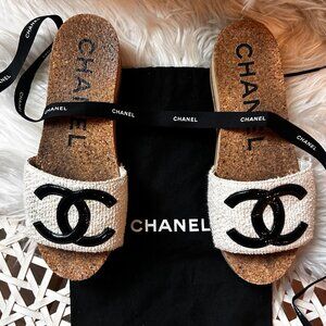 CHANEL Tweed Logo  wood & cork wedge sandals Size 37 (US 6.5-7)